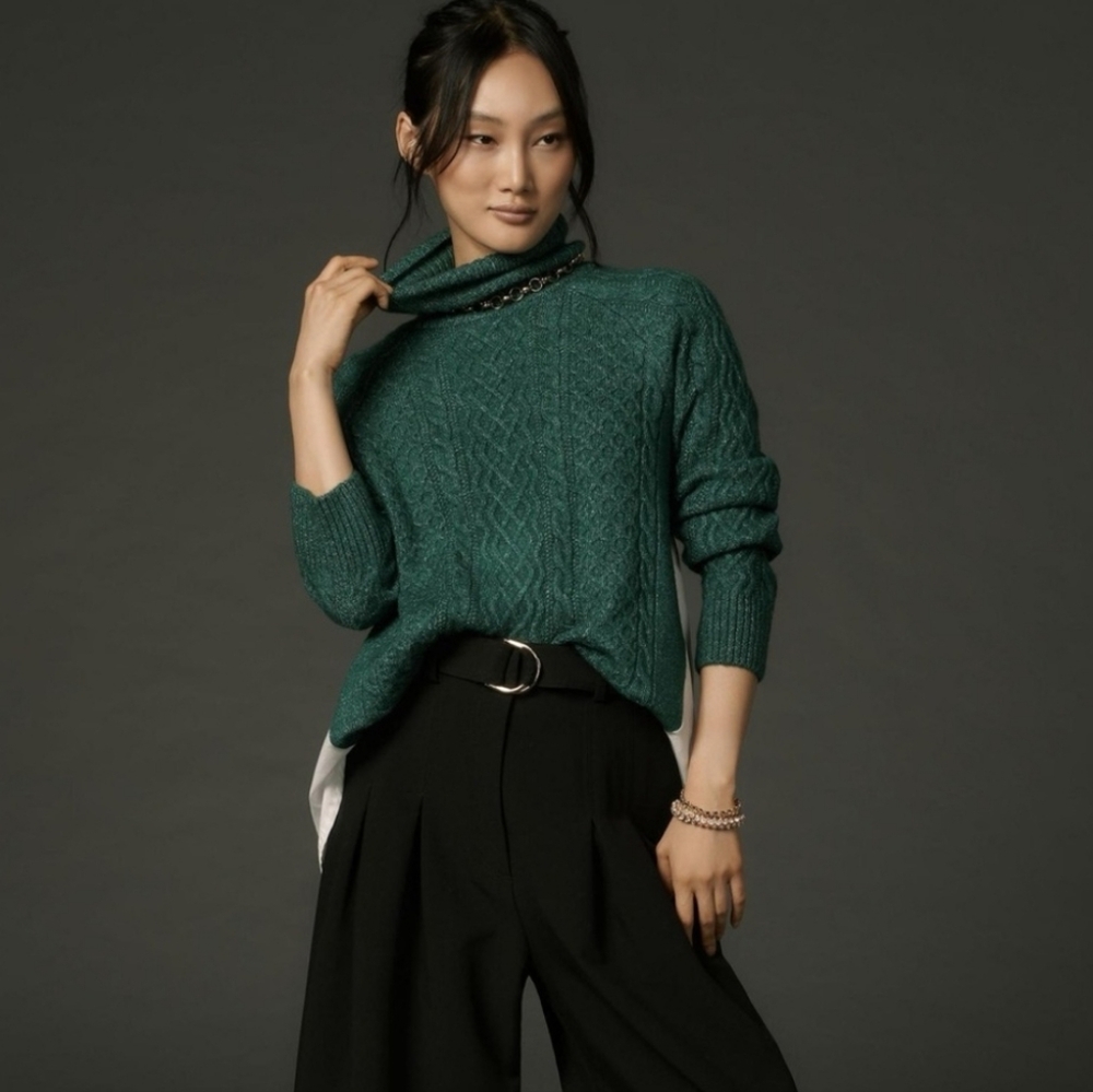 Anthropologie Green Cableknit Turtleneck Sweater Mixed Media Size Small